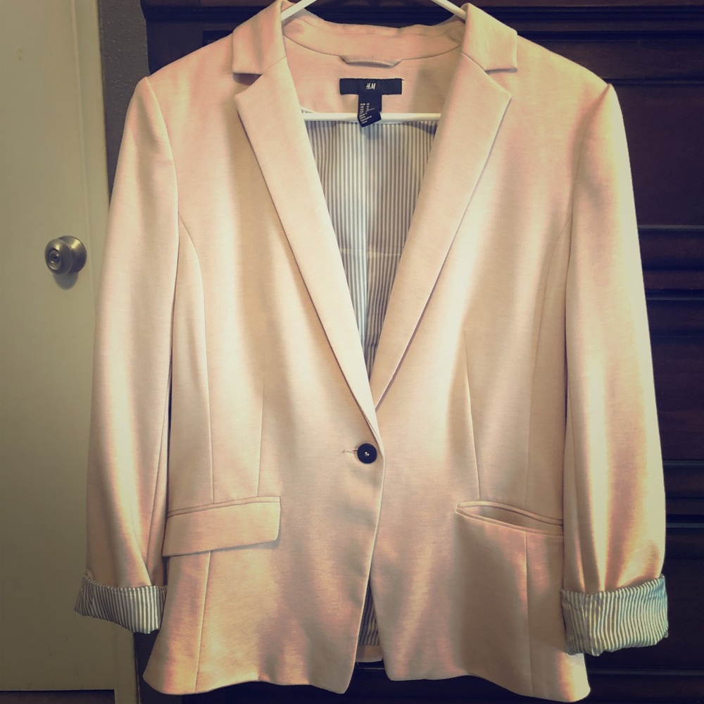 Light blush pink blazer with pinstriped lining